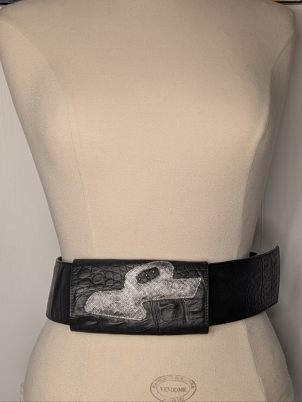 RARE Vtg 80s Carlo Fiori Blck Wide Alligator Embossed Leather Belt Python Slider